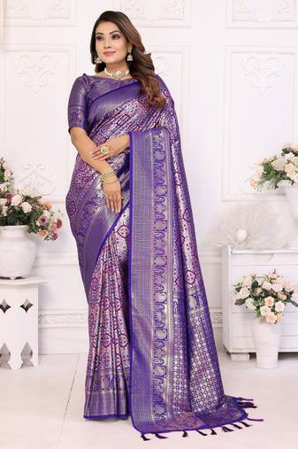 Heavy zari woven purple banarasi silk blend saree
