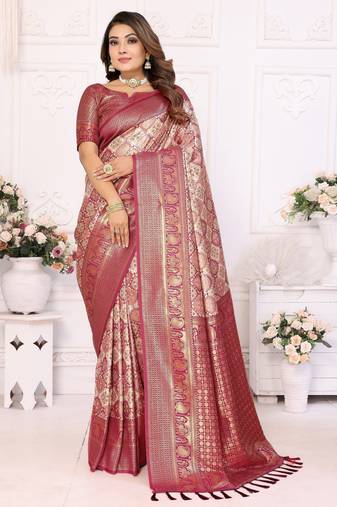Heavy zari woven maroon banarasi silk blend saree
