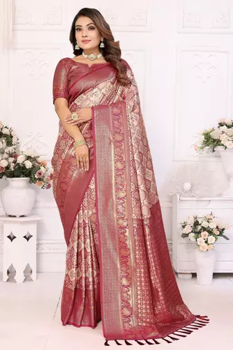 Heavy zari woven maroon banarasi silk blend saree