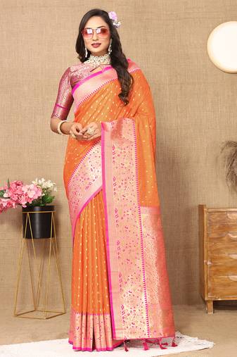 orange all over zari motifs silk blend saree with contrast pallu