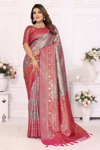 Heavy zari woven pink banarasi silk blend saree
