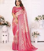 Heavy zari woven pink banarasi silk blend saree