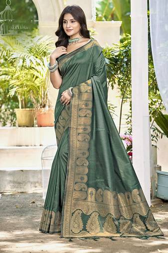 Green assam silk blend zari woven saree
