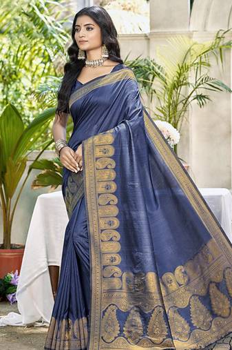 Blue assam silk blend zari woven saree