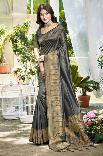 Grey assam silk blend zari woven saree