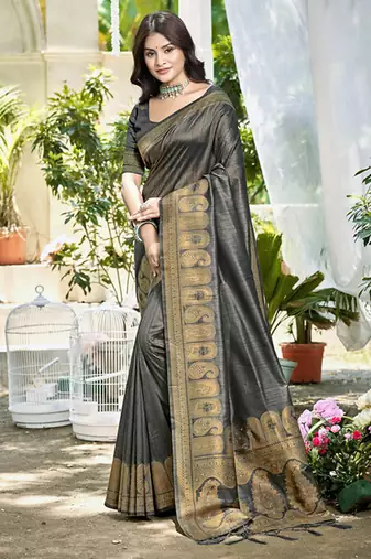 Grey assam silk blend zari woven saree