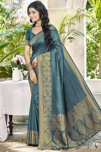 Teal assam silk blend zari woven saree