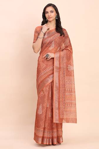 Rust linen cotton woven border printed saree