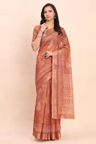 Rust linen cotton woven border printed saree