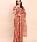 Rust linen cotton woven border printed saree