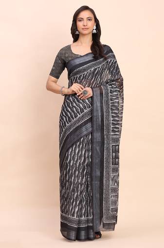 Black linen cotton woven border printed saree