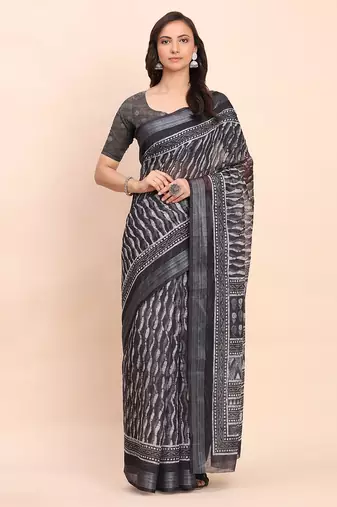 Black linen cotton woven border printed saree