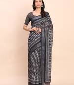 Black linen cotton woven border printed saree