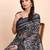 Black linen cotton woven border printed saree