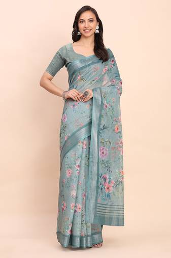 Sea green linen cotton woven border printed saree