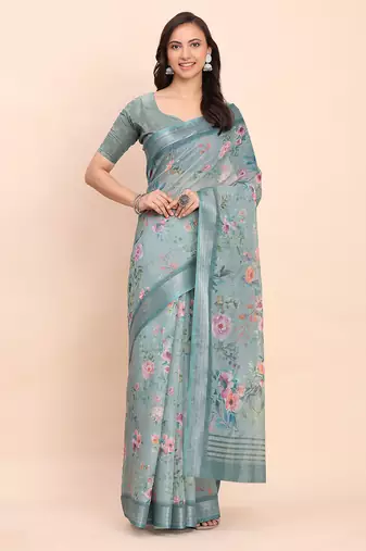 Sea green linen cotton woven border printed saree