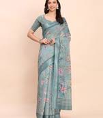 Sea green linen cotton woven border printed saree
