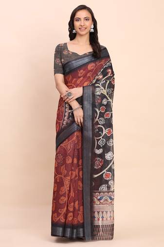 Maroon linen cotton woven border printed saree