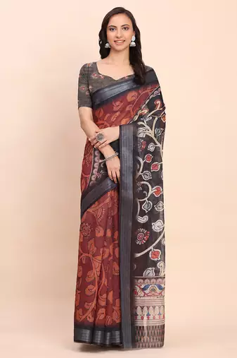 Maroon linen cotton woven border printed saree