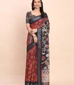 Maroon linen cotton woven border printed saree