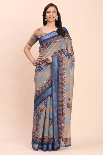 Blue linen cotton woven border printed saree
