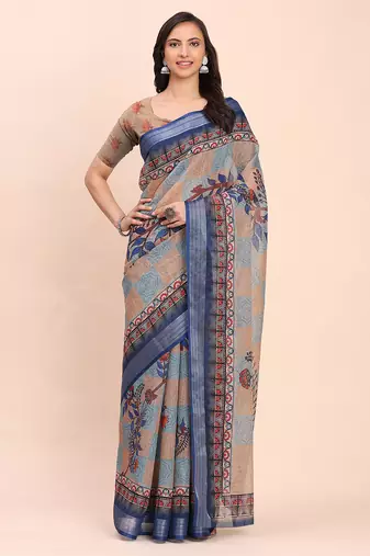 Blue linen cotton woven border printed saree