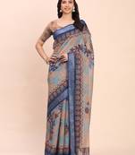 Blue linen cotton woven border printed saree