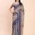 Blue linen cotton woven border printed saree