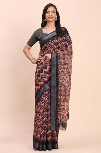 Black linen cotton woven border printed saree