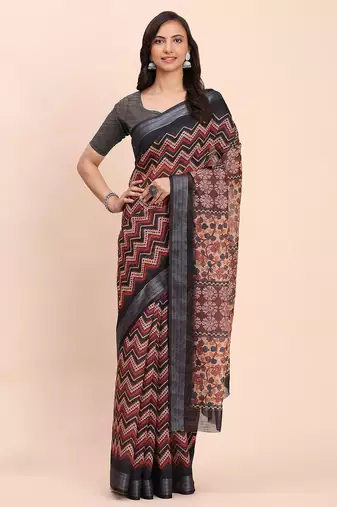 Black linen cotton woven border printed saree