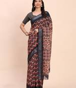 Black linen cotton woven border printed saree