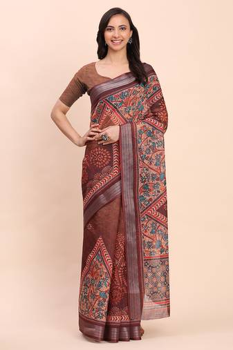 Brown linen cotton woven border printed saree