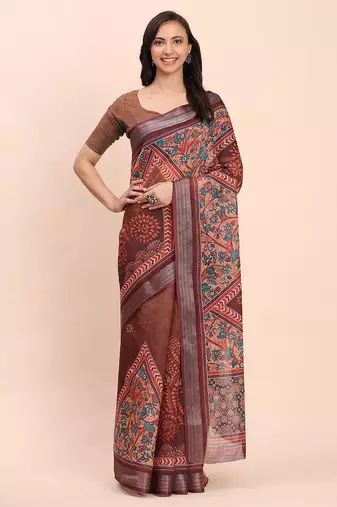 Brown linen cotton woven border printed saree