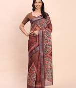 Brown linen cotton woven border printed saree