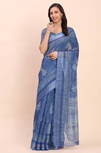 Indigo blue linen cotton woven border printed saree