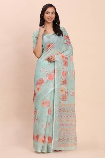 Sea green linen cotton woven border printed saree