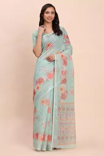 Sea green linen cotton woven border printed saree