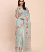 Sea green linen cotton woven border printed saree