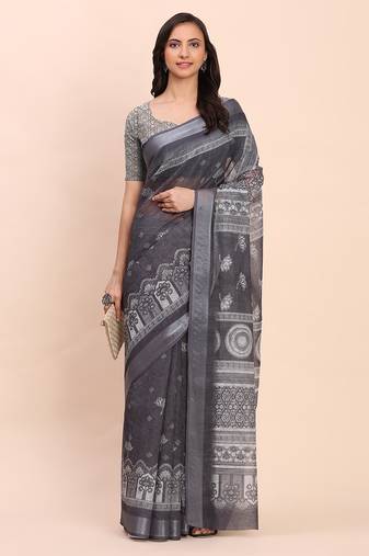 Black linen cotton woven border printed saree