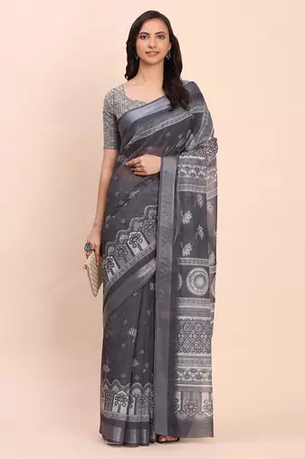 Black linen cotton woven border printed saree