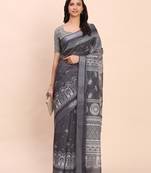 Black linen cotton woven border printed saree