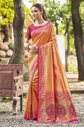 Orange kanjivaram silk blend saree