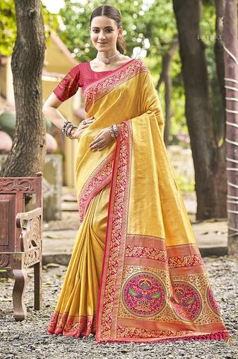 Mustard kanjivaram silk blend saree