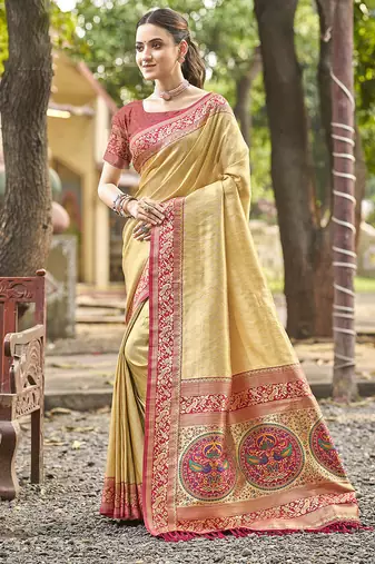 Yellow kanjivaram silk blend saree