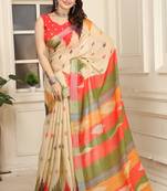 Beige linen cotton printed saree