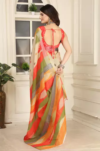 Beige linen cotton printed saree