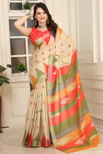 Beige linen cotton printed saree