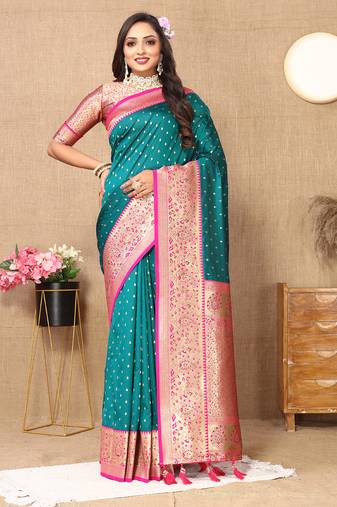 teal all over zari motifs silk blend saree with contrast pallu