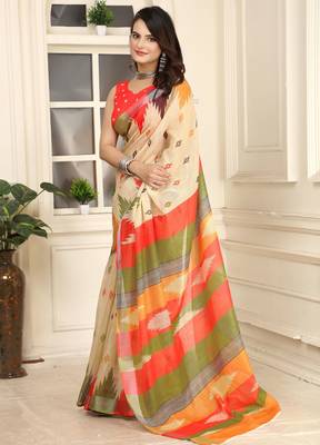 Beige linen cotton printed saree 4