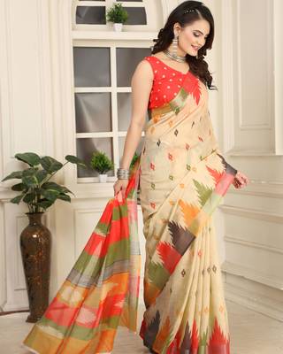Beige linen cotton printed saree 5